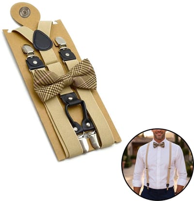 Sorprese Bretels met Vlinderstrik - Beige Geruit - Bretels Heren Volwassenen - Verstelbare Y-Bretels - Inclusief Vlinderdas - Trouwen, Feest & Zakelijk