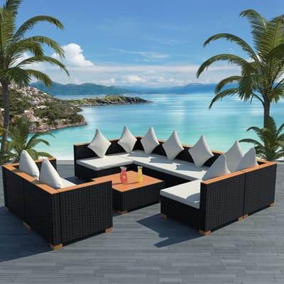 vidaXL - 9-delige - Loungeset - met - kussens - poly - rattan - zwart