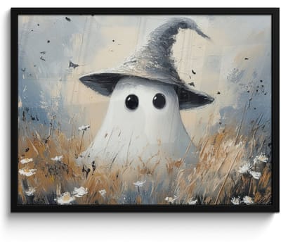 Poster in lijst - Fotolijst 70x50 cm - Posters - Halloween - Spook - Heksenhoed - Abstract - Grijs - Posterlijst zwart - Decoratie - Wanddecoratie woonkamer - Muurdecoratie slaapkamer