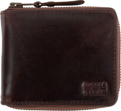 BUCKLE & SEAM Leren Portemonnee Grind Blu Zip Wallet Brown Donkerbruin