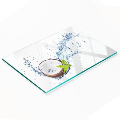 Decoratieve serveerplank van glas met kokosnoot- en watermotief, 80x52 cm