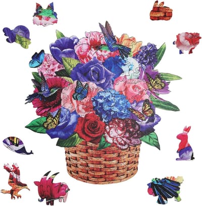 Houten Puzzel - Unieke Vormen - Ontspanning Thuis - Natuurlijk Hout Materiaal - 120 Stukjes - Bloemen