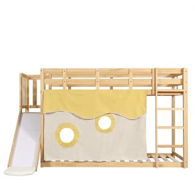 Hoogslaapbed 90x200 cm met Glijbaan en Bedgordijnen, Veiligheidshekken, Opbergtrap, Natuur Hout Look, MDF & Grenen, Kinderbed