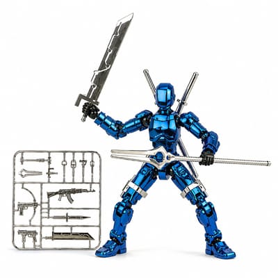 Enluxe Matellic Blauw/Chrome/Zwart PRO T13 Stick Action Figure – Flexibele Beweegbare Pop, Verwisselbare Handen en Speelgoedwapens, Creëer je Eigen Gevechtsscene, Perfect voor Kinderen en Verzamelaars