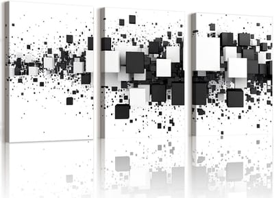 Set van 3 zwart witte canvas muurprints - minimalistische abstracte schilderijen in lijst voor woonkamer en slaapkamer
