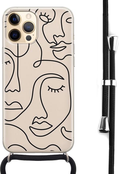 Hoesje met koord - Geschikt voor iPhone 12 - Abstract faces - Verstelbaar zwart koord - Transparant, Beige - Print / Illustratie - Leuke Telefoonhoesjes