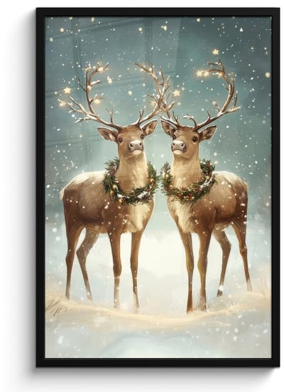 Poster in lijst - Fotolijst 60x90 cm - Posters - Kerstmagie - Winterwoud - Rendier - Posterlijst zwart - Decoratie - Wanddecoratie woonkamer - Muurdecoratie slaapkamer - Kerstversiering - Kerstdecoratie voor binnen - Kerstmis