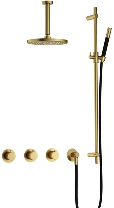Hotbath Cobber - CB7067 - Inbouw Regendoucheset - Geborsteld Messing PVD - 2 Stopkranen - Thermostatisch - Plafondbuis 15 cm - Hoofddouche 200 mm - Staafhanddouche - Glijstang 900 mm - Waterbesparend