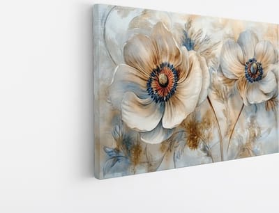 Canvas Schilderij - Romantische Bloementekening in Blauwe Pasteltinten - Luxe Decoratie - Foto op canvas - Geschikt voor Woonkamer en Kantoor - 45x30