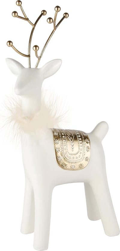 Dekoratief | Rendier staand m/pluimenkraag, wit/goud, resina, 15x10x34cm | A245915