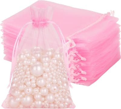 Grote Roze Organza Tassen 13 x 18 cm - 50 Stuks - Trektouw Tassen voor Trouwen, Cadeaus en Snoepjes