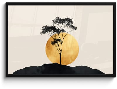Poster in lijst - Fotolijst 90x60 cm - Posters - Zwarte boom - Gouden cirkel - Heuvel - Posterlijst zwart - Decoratie - Wanddecoratie woonkamer - Muurdecoratie slaapkamer