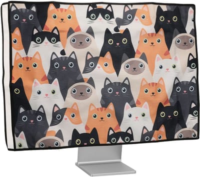 kwmobile stoffen beschermhoes voor monitor - geschikt voor 31-32" Monitor - Afdekhoes van linnen - In oranje / zwart / wit Katten design