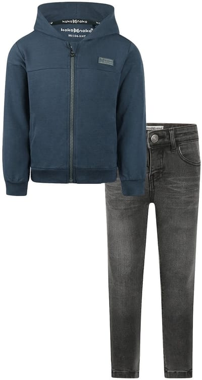 Koko Noko - Kledingset - Basic Collection - Bio Cotton - Dark grey jeans - Cardigan with hood Navy - Maat 92