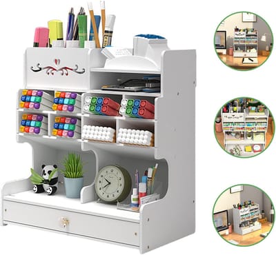 MODFU Pennenhouder – Compacte Bureau Organizer met Lade – 30x28x15 cm – Ruimtebesparend – Geschikt voor Kantoor & Thuiskantoor – Wit Kunststof