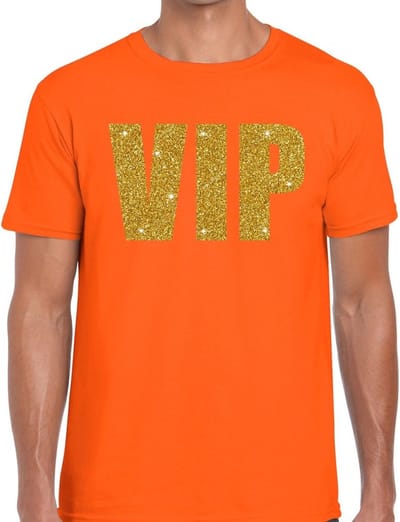 VIP tekst t-shirt oranje heren - heren shirt VIP gouden glitter letters - oranje kleding S
