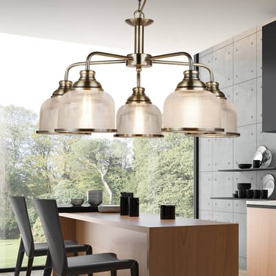 Searchlight Hanglamp Bistro II 5-lamps messing/ribbelglas