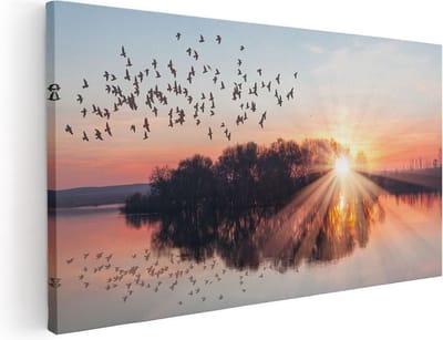 Artaza Canvas Schilderij Zonsondergang - 40x20 cm - Klein - Wanddecoratie Vogels - Muurdecoratie Natuur - Decoratie Meer