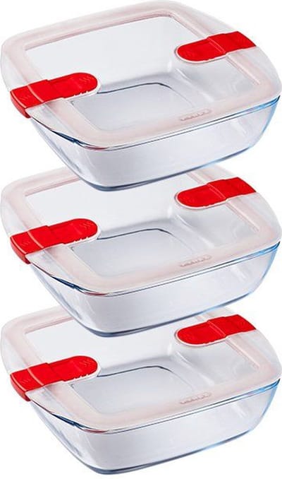 Pyrex - Cook & Heat Schaal Vierkant 1 liter Set van 3 Stuks - Transparant/Rood