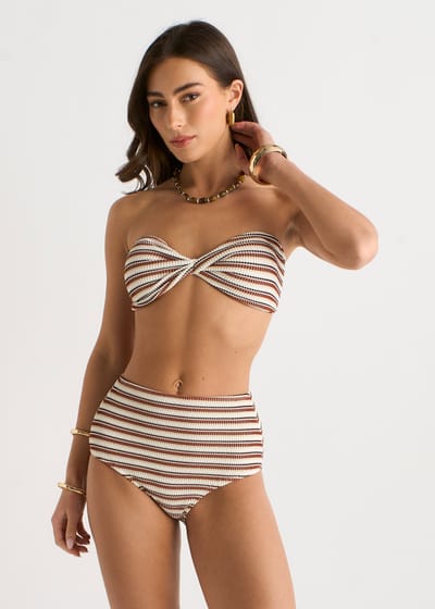 Bikinibroekje met hoge taille en bruine strepen met textuur