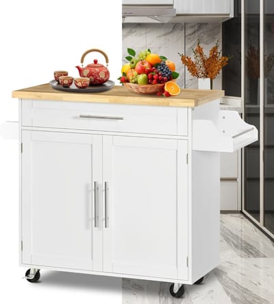 Keukeneiland - Verplaatsbaar - Keukenkast - Dressoir - Organizer - Kasten - Houten Werkblad - 2 Deuren - Wit
