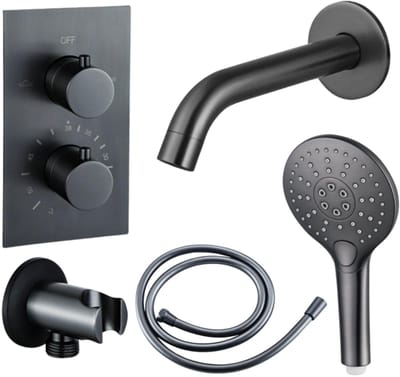 FugaFlow Eccelente Acces Badkraan set - uitloop - 22cm inkortbaar - gladde slang - ronde handdouche - inbouwdeel - wandhouder - geborsteld gunmetal PVD