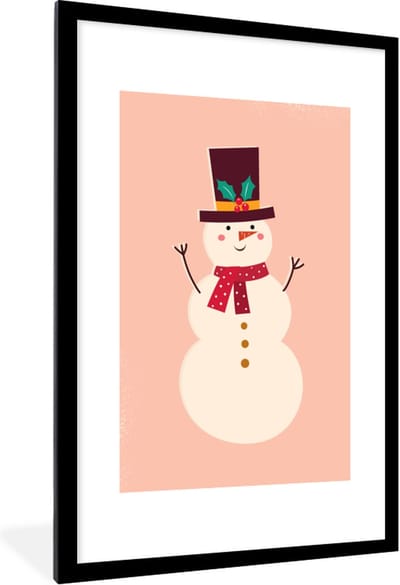 Fotolijst incl. Poster - Sneeuwpop - Kerst - Winter - Kerstmis - Roze - 80x120 cm - Posterlijst - Kerstmis Decoratie - Kerstversiering - Kerstdecoratie Woonkamer - Kerstversiering - Kerstdecoratie voor binnen - Kerstmis