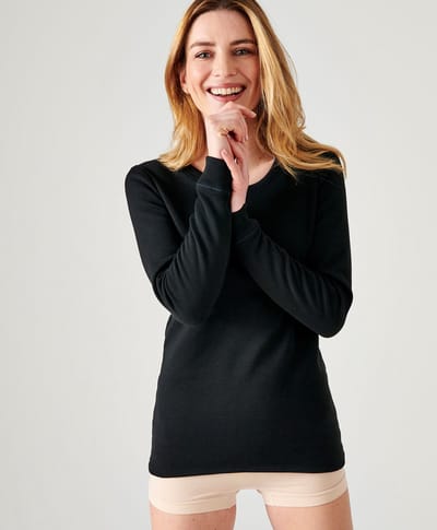 Damart - Thermolactyl T-shirt met lange mouwen, geborstelde fleece - Dames - Zwart - XS