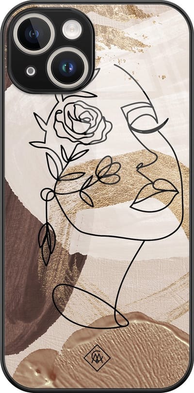 Casimoda® hoesje - Geschikt voor iPhone 13 - Abstract Gezicht Bruin - Luxe Hard Case Zwart - Backcover telefoonhoesje - Bruin/beige