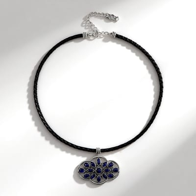 Cavill - Halsketting 925 Sterling Zilver - 8,1 ct Braziliaanse Sodaliet - Zwarte Leren Ketting - Elegant Marquise Druppel Rond Design