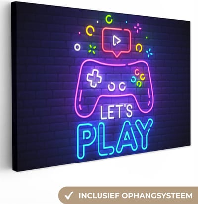 Canvas schilderij 30x20 cm - Wanddecoratie Gaming - Neon - Let's Play - Controller - Quotes - Muurdecoratie game room - Gaming kamer decoratie - Gameroom accessoires - Schilderijen
