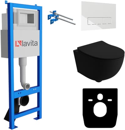 LAVITA® Inbouwreservoir Complete Toiletset LAV 101 - Inbouw WC Hangtoilet Wandcloset BRAVA BLACK Zwart Mat - Bedieningsplaat 200.3.1 Wit - Voorwandelement voor toilet 40cm - Installatiesysteem