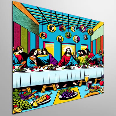 Pop art laatste avondmaal schilderij | Het Laatste Avondmaal heruitgevonden in sprankelende pop art stijl | Kunst - 40x40 centimeter op Dibond | Foto op Dibond