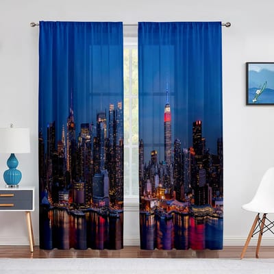 Stadsgezicht New York Nacht Skyline Landschap Uitzicht Chiffon Sheer Gordijnen voor Woonkamer Slaapkamer Decor Raam Voiles Tule Gordijn 1 PCS W100XH250cm&Grommet Top