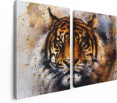 Artaza Canvas Schilderij Tweeluik Geschilderde Tijger - Abstract - 120x80 - Foto Op Canvas - Canvas Print