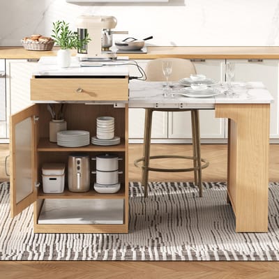 Keukeneiland - Met Rollen - Uitschuifbare Eettafel Met Afneembaar Tafelblad - Inclusief Stopcontacten - MDF - Naturel