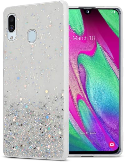 Cadorabo Hoesje geschikt voor Samsung Galaxy A40 in Transparant met Glitter - Beschermhoes van flexibel TPU silicone met fonkelende glitters Case Cover Etui