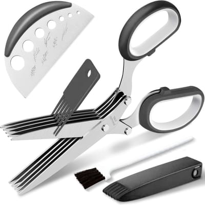 DOWO® - Kruidenschaar - Zwart - 5 RVS Messes - Keuken Schaar voor Kruiden - Kruidensnijder - Vaatwasser bestendig - Incl. Kruidenstripper, Reinigingskam en Beschermkap
