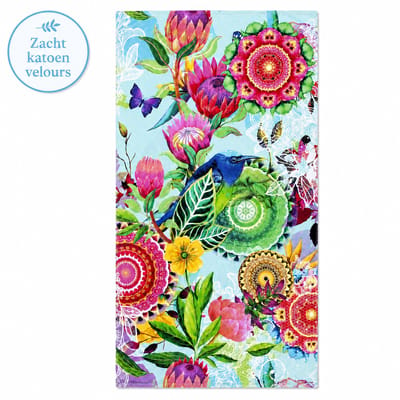 Strandlaken Tropische Vogel 100x180 cm – 100% Katoen Velours – Zacht en Absorberend – Groot Badlaken met Bloemen