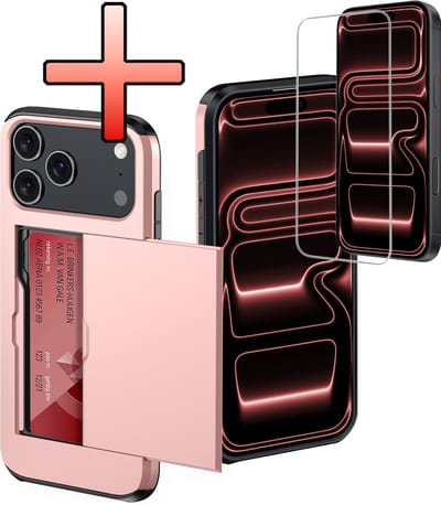 Hoes Geschikt voor iPhone 17 Pro Hoesje Pasjeshouder Hard Cover Met Screenprotector Shock Proof Hard Case Hoes Met Kaarthouder - Rosé goud