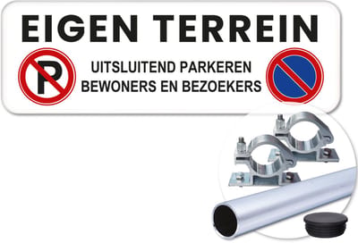 Parkeerbord Eigen Terrein - Weerbestendig Aluminium - 40x15 cm - Bevestiging: Met paal 120 cm + paalbeugels + paaldop