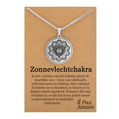 Zonnevlecht Chakra (Manipura) Ketting op Cadeau Kaartje - Zilverkleurig Talisman - Roestvrij Staal - Spiritueel Cadeau - 60cm - Pax Amare