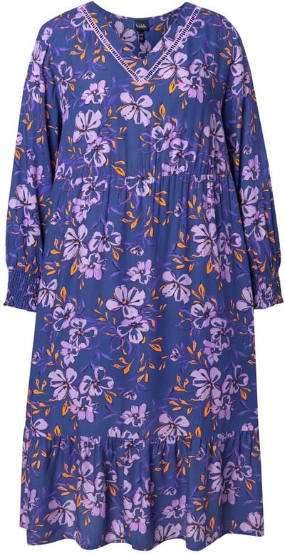 Ulla Popken - Dames - Midi-jurk bloemen A-lijn V-hals lange mouw - Donkerblauw - Maat 42+