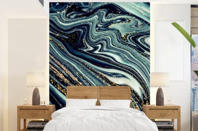 Behang - Fotobehang Marmer - Goud - Blauw - Glitter - Marmerlook - Abstract - Breedte 165 cm x hoogte 220 cm