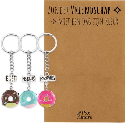 BFF Sleutelhanger voor 3 'Zonder Vriendschap mist een dag zijn kleur' - Donuts - Sleutelhanger set op Cadeau Kaartje - Zilverkleurig - Vriendschap Symbool - Pax Amare
