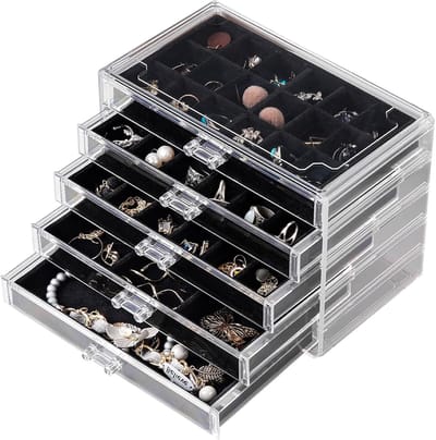 Acrylic Jewelry Organizer - Earring Organizer Box met 5 Lades - Earring Holder Organizer met Velvet Trays - Duidelijke Sieraden Box voor Vrouwen - Oorbellen Display voor Ringen en Studs (Zwart)
