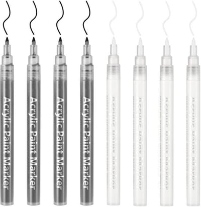 DONQL Metallic Acrylstiften, 8 Stuks Acrylverf Stiften, 0.7mm Acrylmarkers voor Stenen Beschilderen, Glas, Hout, Porselein, Keramiek, Textiel(4 Witte Acrylverf Markers + 4 Zwarte Acrylverf Markers)