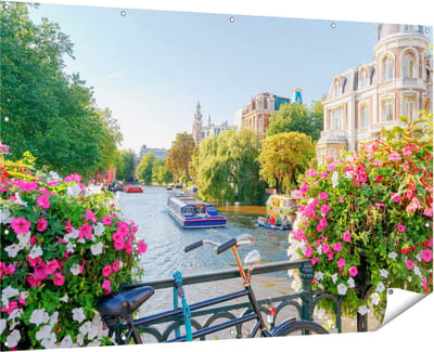 Gards Tuinposter Amsterdamse Kanaal met Bloemen - 180x120 cm - Tuindoek - Tuindecoratie - Wanddecoratie buiten - Tuinschilderij