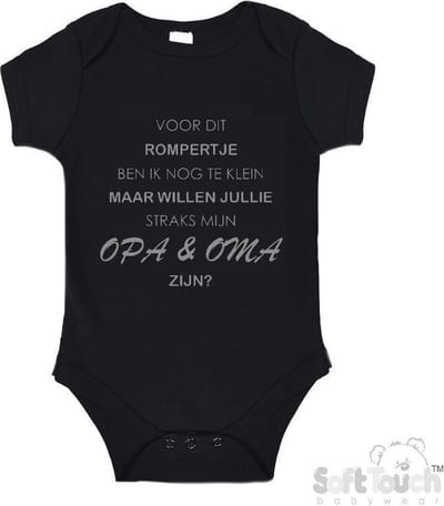 100% katoenen Romper "Voor dit rompertje ben ik nog te klein maar willen jullie straks mijn opa & oma zijn" Jongens Katoen Zwart/grijs Maat 62/68