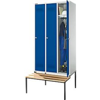 Schäfer Shop Genius Kledinglocker met zitbank, 3 compartimenten, 300 mm compartimentbreedte, cilinderslot, lichtgrijs/gentiaanblauw